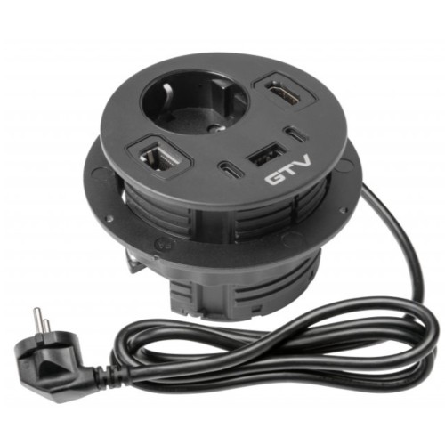 Врезной круглый удлинитель GTV Rondo, 1xSchuko+USB A+C+HDMI+RJ45, черный, кабель 1,5м - AE-GMRON1S3URH-20