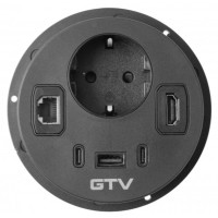 Врізний круглий подовжувач GTV Rondo, 1xSchuko + USB A+C + HDMI + RJ45, чорний, кабель 1,5 м