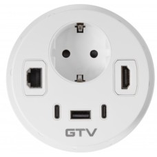 Врізний круглий подовжувач GTV Rondo, 1xSchuko + USB A+C + HDMI + RJ45, білий, кабель 1,5 м