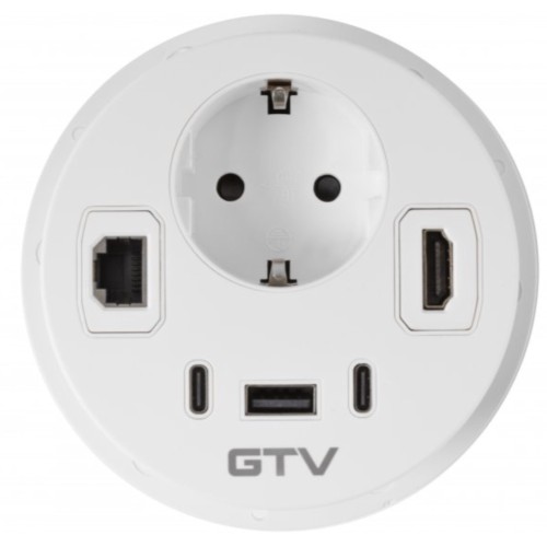 Врізний круглий подовжувач GTV Rondo, 1xSchuko + USB A+C + HDMI + RJ45, білий, кабель 1,5 м - AE-GMRON1S3URH-10