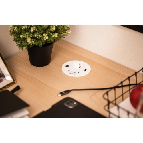 Врізний круглий подовжувач GTV Rondo, 1xSchuko + USB A+C + HDMI + RJ45, білий, кабель 1,5 м - AE-GMRON1S3URH-10