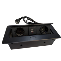 Блок врізний на 2 розетки + 2 USB із підйомною кришкою чорний із круглими краями