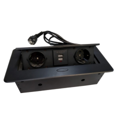 Блок врізний на 2 розетки + 2 USB із підйомною кришкою чорний із круглими краями