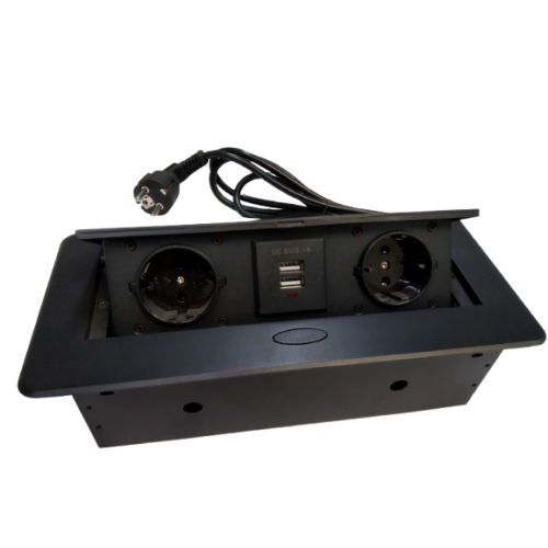 Блок врізний на 2 розетки + 2 USB з підйомною кришкою чорний з круглими краями - 120529