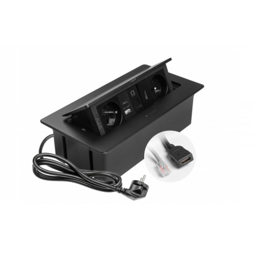 Вбудований подовжувач GTV MultiSoft 2xSCHUKO + USB A+C + RJ45 + HDMI, врезной, черный, кабель 1.5 м - AE-PBSURH2GS-20