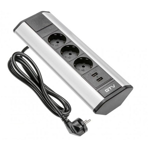 Подовжувач для офісу кутовий GTV на 3 розетки 2xUSB зарядки провід 1,5 м алюміній