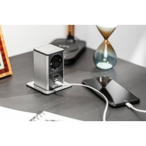 Подовжувач TOWER, 1xSCHUKO, 1xUSB, 1xTYPE-C, кабель з вилкою 1,5 м, інокс/чорний - AE-GMW1STOW-20