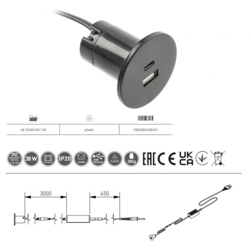 Вбудований зарядний пристрій GTV SLOT USB A+C 38 Вт, врізний, чорний - 6145