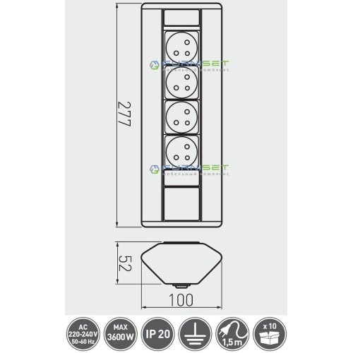 Подовжувач для офісу кутовий GTV на 3 розетки 2xUSB зарядки провід 1,5 м алюміній