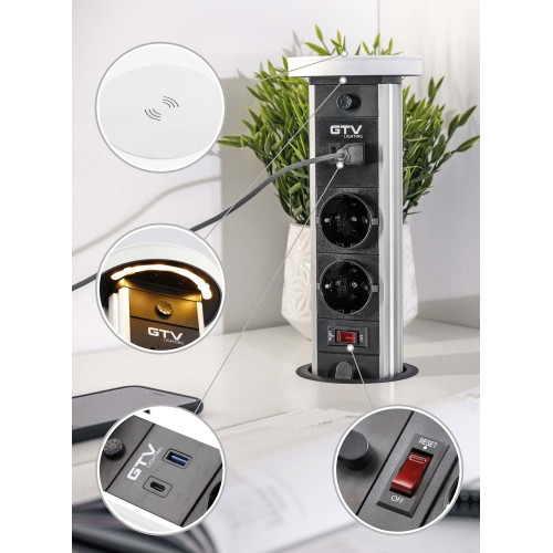 Подовжувач GTV CAMINO 100мм 2 розетки SCHUKO USB A+C WC 10W провід 1,5м Чорний