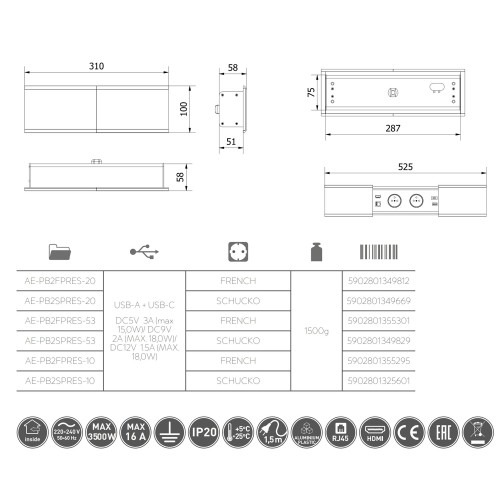 Подовжувач GTV PRESTINO 2 розетки SCHUKO USB А+С RJ45, HDMI провід 1,5м Чорний