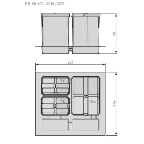 Контейнер для мусора AxiSpase РВ-AS-600-1X15L-2X7L ящики 600мм, 1х15л, 2Х7л - PB-AS-600-1X15L-2X7L
