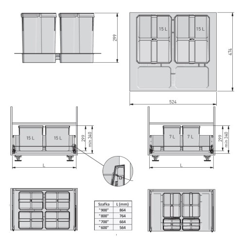Контейнер для сміття AxiSpase РВ-AS-600-2X15L ящики 600мм, 2х15л - PB-AS-600-2X15L