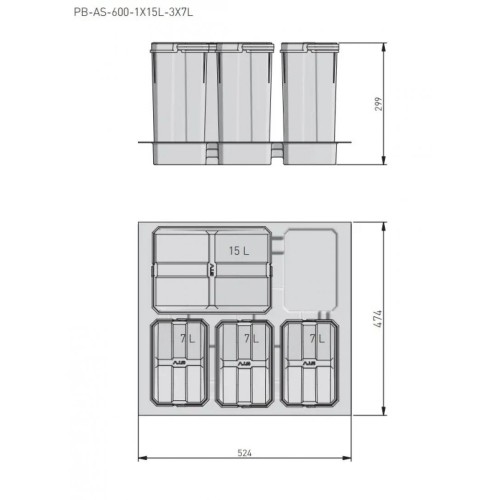 Сегрегатор Axispace 600 мм, 4 емкости (1X 15 л + 3X 7 л), графит - PB-AS-600-1X15L-3X7L