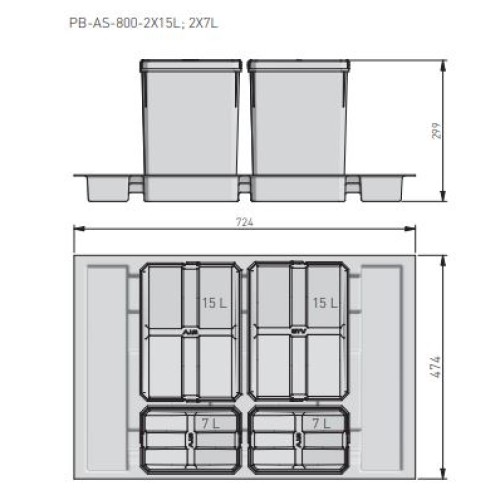 Сегрегатор AxiSpace 800мм, 4 емкости, (2X 15л + 2X 7л) графит - PB-AS-800-2X15L-2X7L