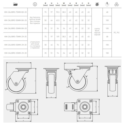 Ролик GTV CALIBRO чорний/хром із майданчиком d-50, Н-64 мм - KM-CALIBRO-50MM-BH-20