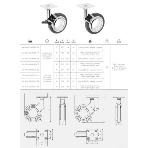 Ролик GTV GIRA Чорний/хром з майданчиком D-75мм H-107мм - KM-GIRA-75MM-BH-20