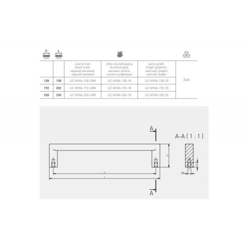 Мебельная ручка GTV NYXA, черный матовый, C-192 мм, L-202 мм - UZ-NYXA-192-20M