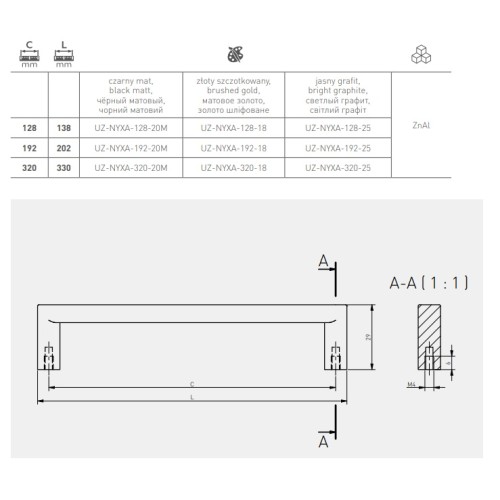 Ручка мебельная NYXA графит светлый C-192мм L-202мм - UZ-NYXA-192-25