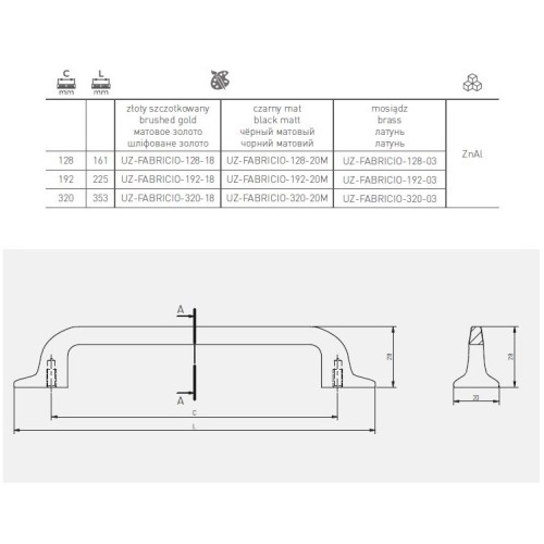 Ручка меблева FABRICIO Блискуче золото C-192 - UZ-FABRICIO-192-03