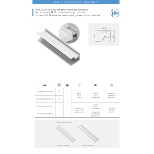 Односторонній торцевий алюмінієвий профіль для LED від GTV, ширина 18 мм, довжина 3000 мм - PA-GLAXMNBJW3M-AL