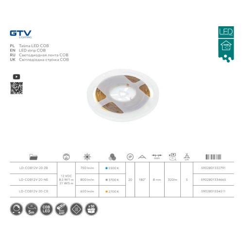 Світлодіодна стрічка GTV COB 320LED/m нейтральний білий (3700К) 800lm/m - LD-COB12V-20-NEN