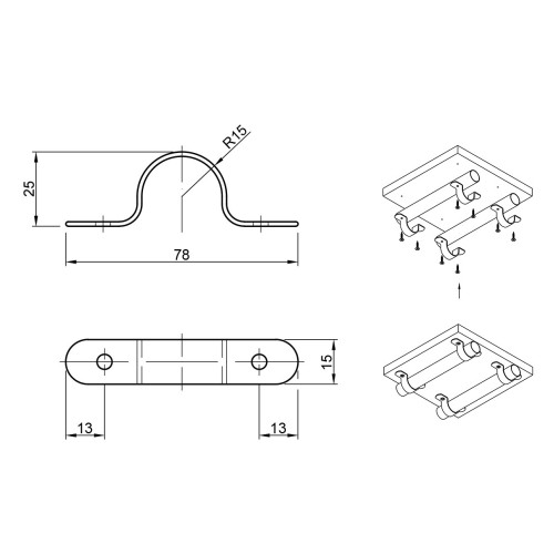 Кріплення R-60 для плит та панелей, хром, ZnAl, ширина 78 мм, висота 25 мм, діаметр труби 25 мм, товщина панелі до 15 мм - 8852