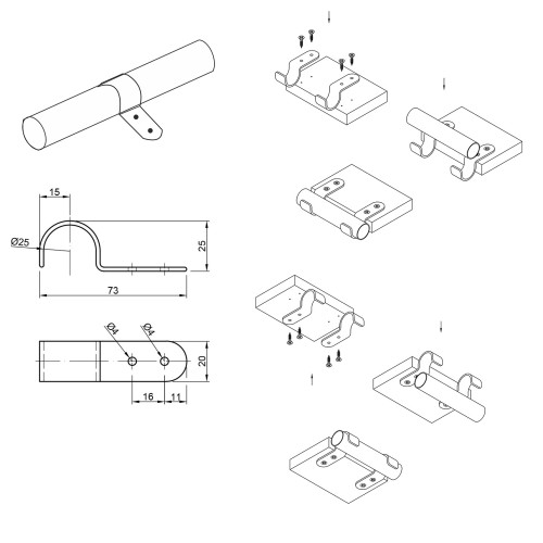 Крепление R-21 горизонтальное для панелей, хром, ZnAl, диаметр трубы 25 мм, длина 73 мм, высота 25 мм, толщина панели до 20 мм - 7460