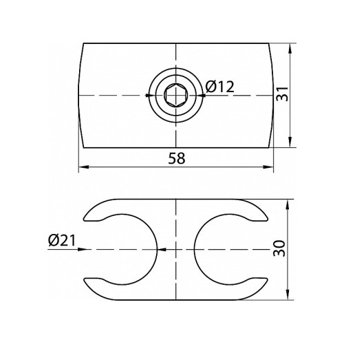 R-46/25 З'єднання рівнолежаче хромоване для труби D-25 мм, 58 мм, метал - 994