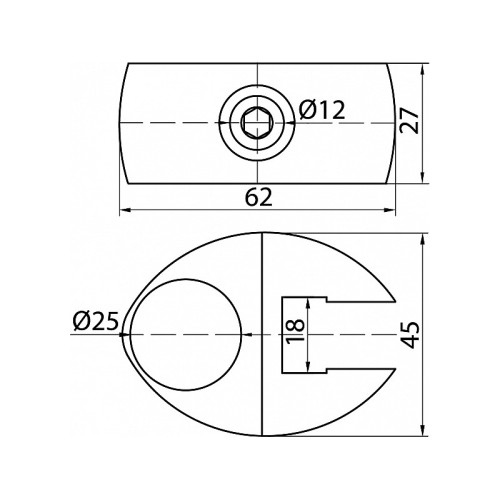 R-7 з'єднання одностороннє для скла та труби D-25 мм хромоване 45 мм x 62 мм - 349
