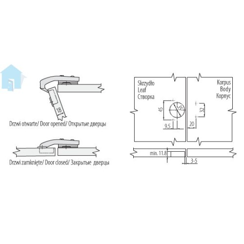 Петля GTV 90гр + опорна планка Н = 2 з євро шурупом - zp-kt90h2-ze