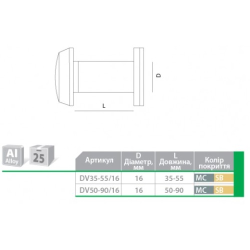 DV35-55/16 MC вічко дверне матове хром - dv35-5516-mc