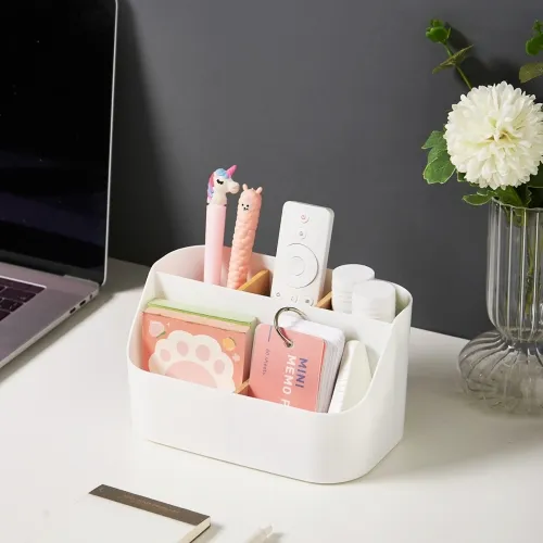 Органайзер для дрібниць MVM MY HOME, білий/дерево, 190х116х106 мм, поліпропілен та бамбук