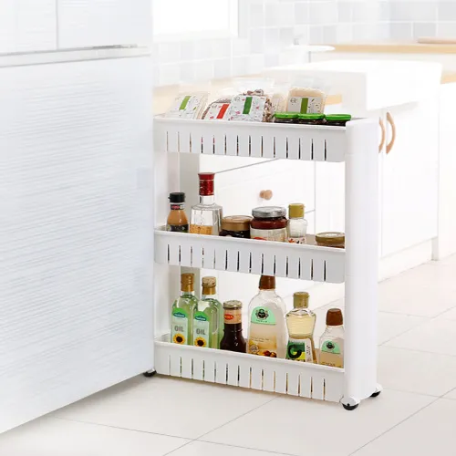 Вузька триярусна етажерка на колесах, біла, 720х540х120 мм, поліпропілен