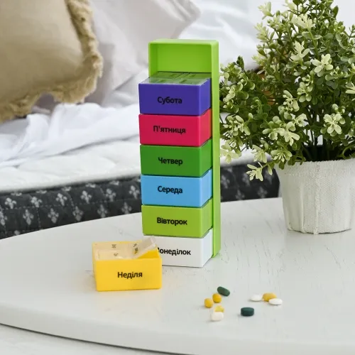 Органайзер для таблеток на 7 днів, зелений, прямокутний, із поліпропілену, 200х60х64 мм