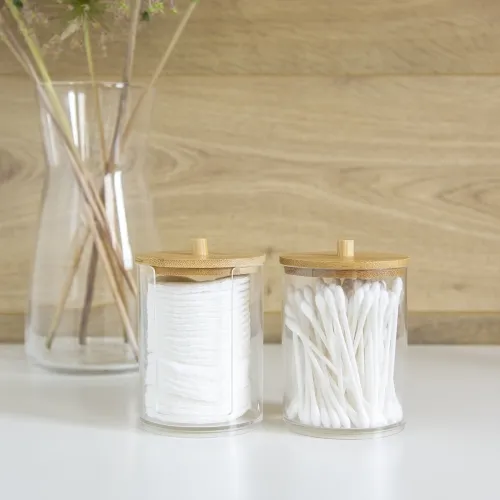 Органайзер для ватных палочек МВМ MY HOME, 72х94 мм, прозрачный/дерево, полистирол и бамбук