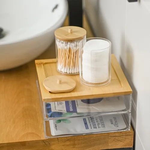 Органайзер для ватних дисків МВМ MY HOME, 72х94 мм, прозорий/дерево, полістирол, бамбук