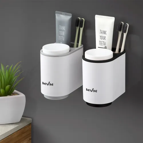 Тримач для зубних щіток MVM з 2 склянками, білий/сірий, що клеиться, ABS пластик, 109х83х128 мм
