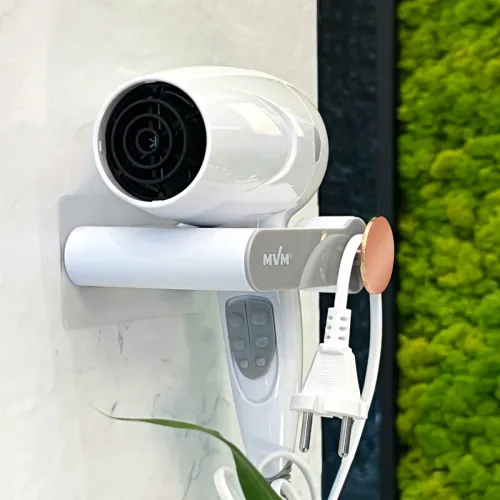 Тримач для фена MVM, що клеиться, білий/сірий, ABS-пластик, 136х110х30 мм