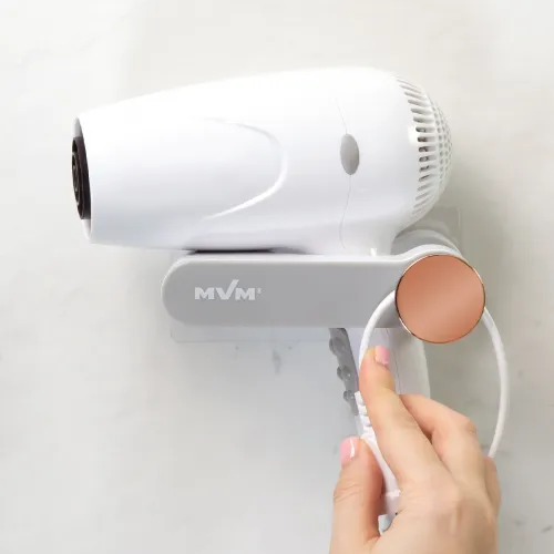 Тримач для фена MVM, що клеиться, білий/сірий, ABS-пластик, 136х110х30 мм