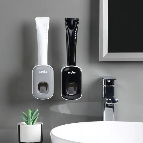 Диспенсер для зубной пасты MVM клеящийся белый/серый из ABS пластика, 113х60х70 мм