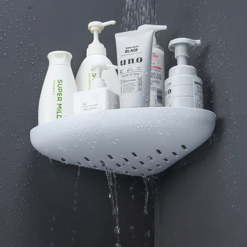 Кутова полиця, що клеїться для ванної кімнати MVM, біла/сіра, 320x250x250 мм, ABS пластик