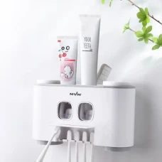 Подвійний диспенсер для зубної пасти з тримачем для щіток та склянками, білий/сірий, 155х80х250 мм, ABS пластик