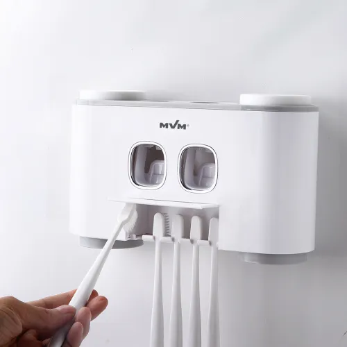 Подвійний диспенсер для зубної пасти з тримачем для щіток та склянками, білий/сірий, 155х80х250 мм, ABS пластик