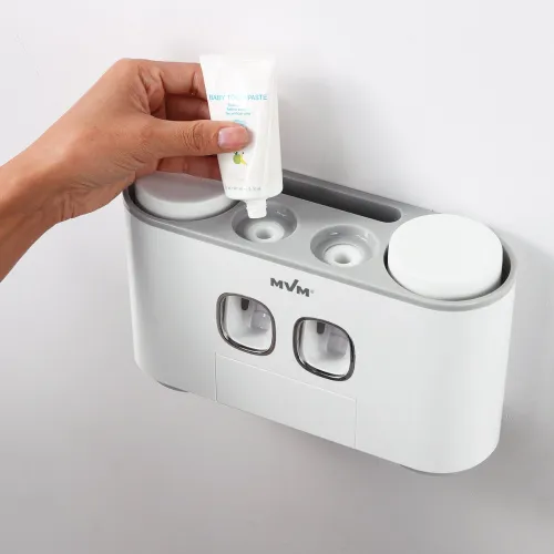 Подвійний диспенсер для зубної пасти з тримачем для щіток та склянками, білий/сірий, 155х80х250 мм, ABS пластик