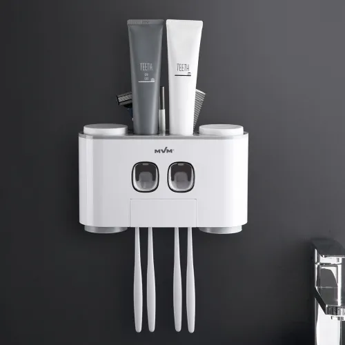 Подвійний диспенсер для зубної пасти з тримачем для щіток та склянками, білий/сірий, 155х80х250 мм, ABS пластик