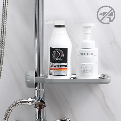 Полиця на душову штангу та змішувач з фіксатором, сірий, 225х105 мм, ABS пластик, нержавіюча сталь