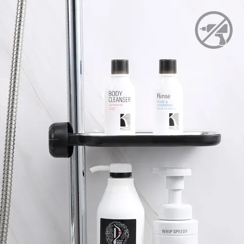 Полиця на душову штангу та змішувач з фіксатором чорна, 225х105 мм, ABS пластик, нержавіюча сталь