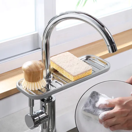 Полиця для душової штанги та змішувача з фіксатором, сірий, 284х105 мм, ABS пластик та нержавіюча сталь.