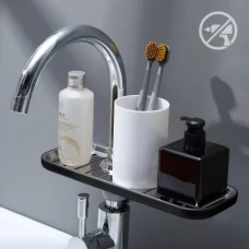 Полиця на душову штангу та змішувач з фіксатором, чорна, 284х105 мм, ABS пластик, нержавіюча сталь